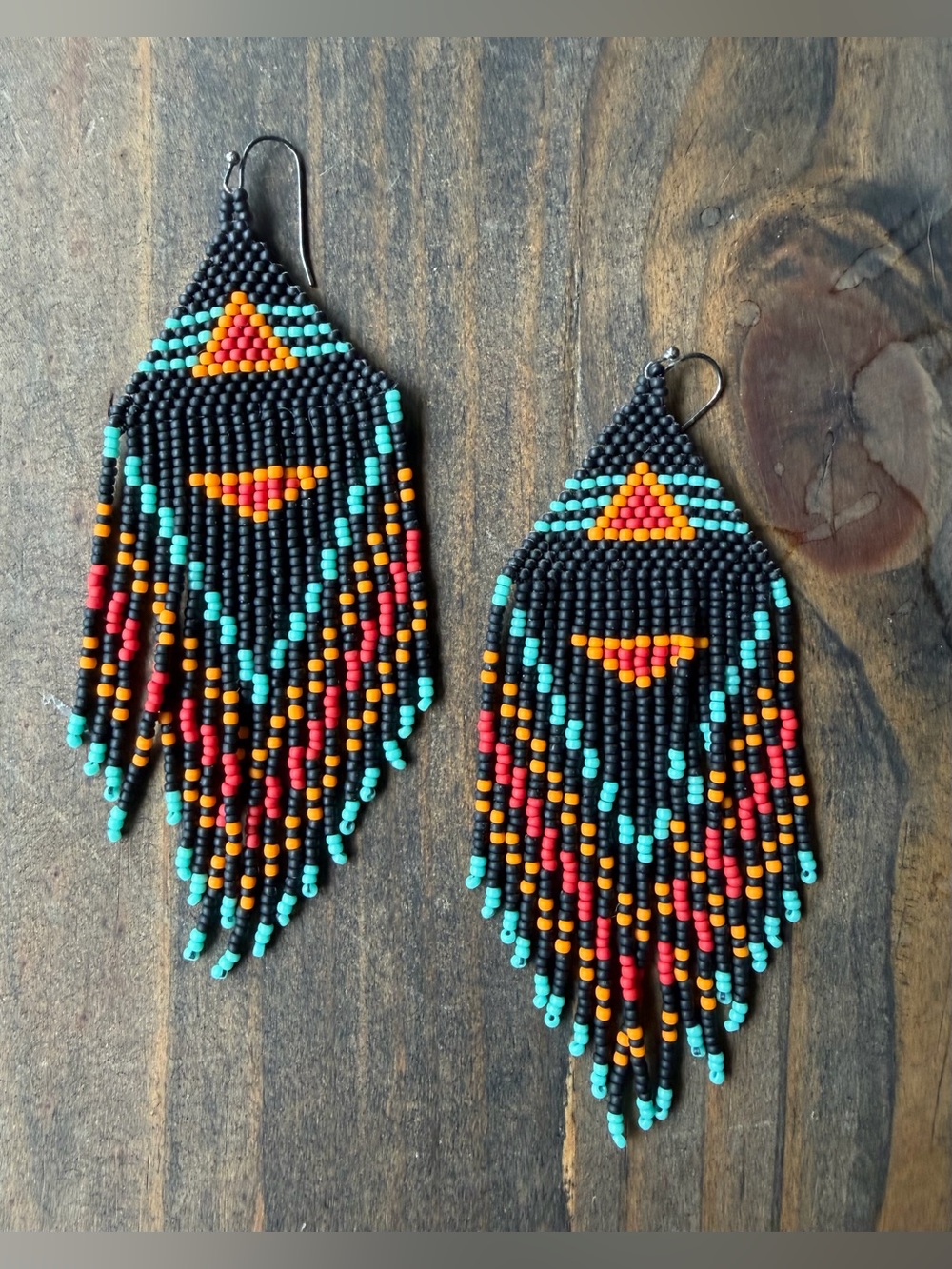 Handmade Black Beaded Fringe Earrings with Turquoise, Red & Orange Accents